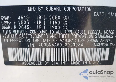 2018 Subaru Legacy 2.5I z USA, uszkodzony, nr VIN 4S3BNAA69J3023084